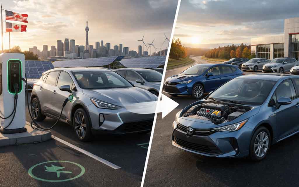 Hybrid and electric vehicles comparison showing automakers shifting strategy toward hybrids in 2026