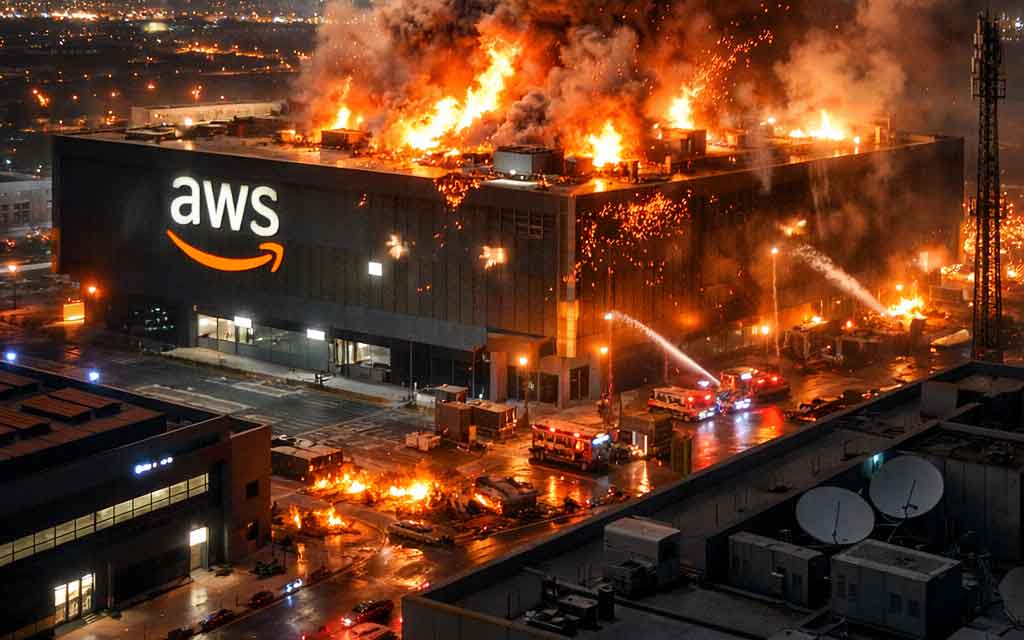 Concept illustration of AWS UAE data center disruption after objects caused fire and outages during Iran retaliatory strikes in March 2026