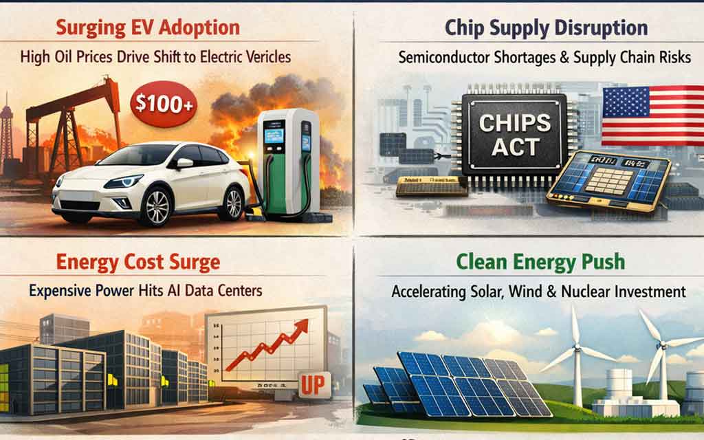 Impact of the 2026 Iran war on AI development, EV adoption, semiconductor supply chains, and global energy markets