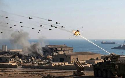 Drone warfare in the Iran war 2026 showing Shahed drones and US LUCAS suicide drones with laser defense systems