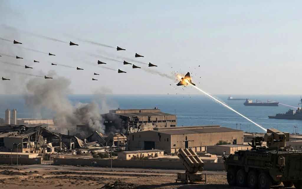 Drone warfare in the Iran war 2026 showing Shahed drones and US LUCAS suicide drones with laser defense systems