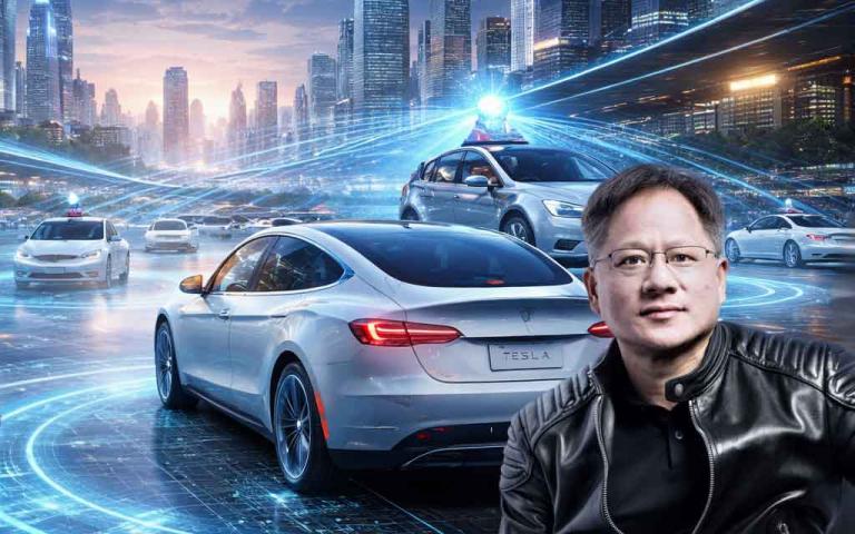Nvidia CEO Jensen Huang discussing Tesla’s advanced AI autonomous driving stack and robotaxi future in 2026