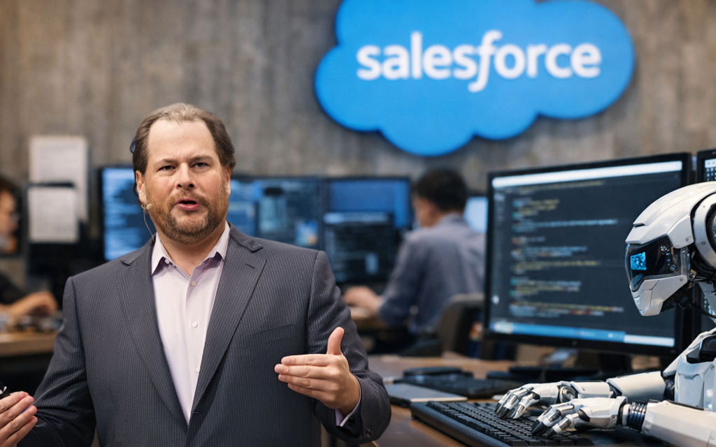 Salesforce CEO Marc Benioff discussing how AI coding agents are replacing the need for hiring more engineers in 2026