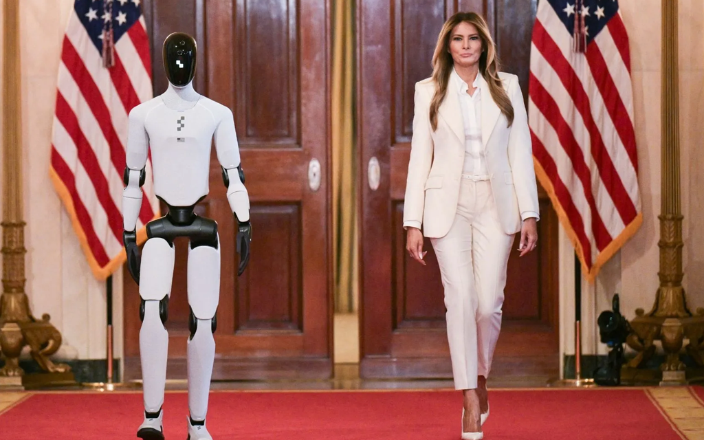 Melania Trump walking with Figure 03 humanoid robot at White House Global Education and Technology Summit 2026