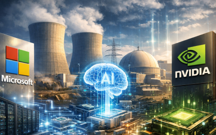Microsoft and Nvidia AI nuclear energy partnership concept with data centers, nuclear plant, and AI digital twin technology