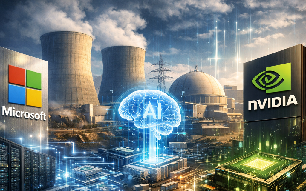 Microsoft and Nvidia AI nuclear energy partnership concept with data centers, nuclear plant, and AI digital twin technology