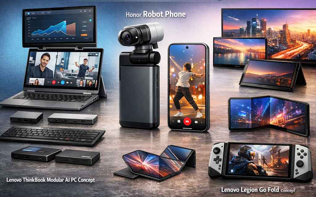 Futuristic gadgets from MWC 2026 including Lenovo modular laptop, Honor robot phone with gimbal camera, and tri-fold display devices.