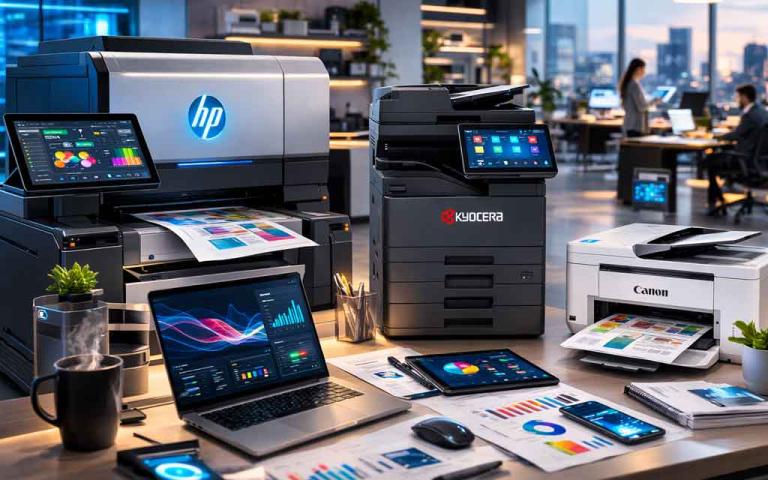 New office technology devices from HP, Kyocera, and Canon designed for hybrid work productivity and high-volume printing