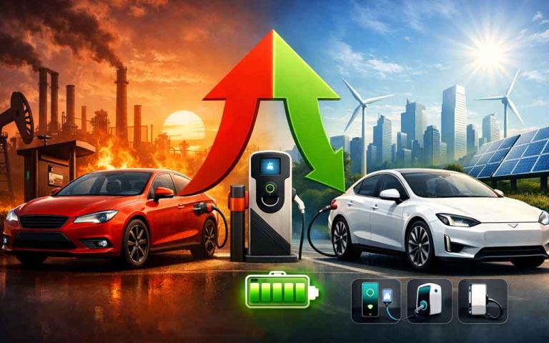 Electric vehicle charging at home with smart EV gadgets during oil price surge in 2026