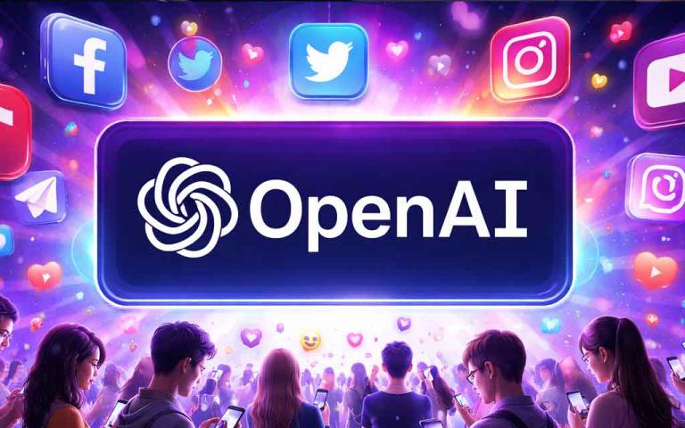 AI-powered social media platform concept showing OpenAI disrupting Facebook, X, and TikTok with intelligent feeds