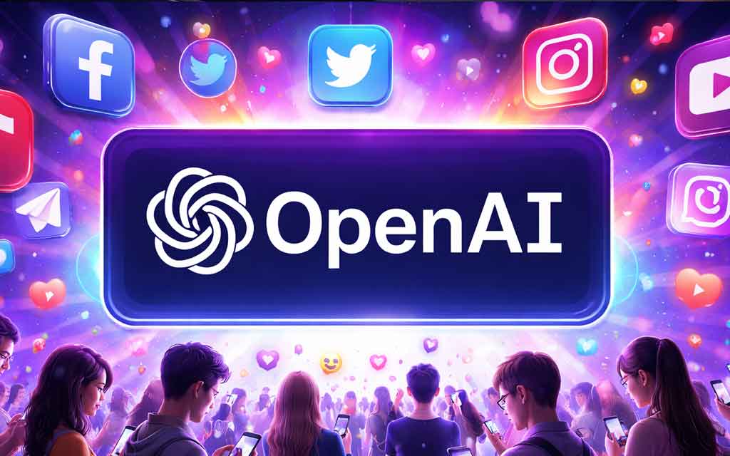 AI-powered social media platform concept showing OpenAI disrupting Facebook, X, and TikTok with intelligent feeds