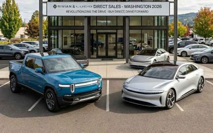 Rivian and Lucid electric vehicles displayed in Washington showroom as Senate Bill 6354 advances direct-to-consumer EV sales in 2026