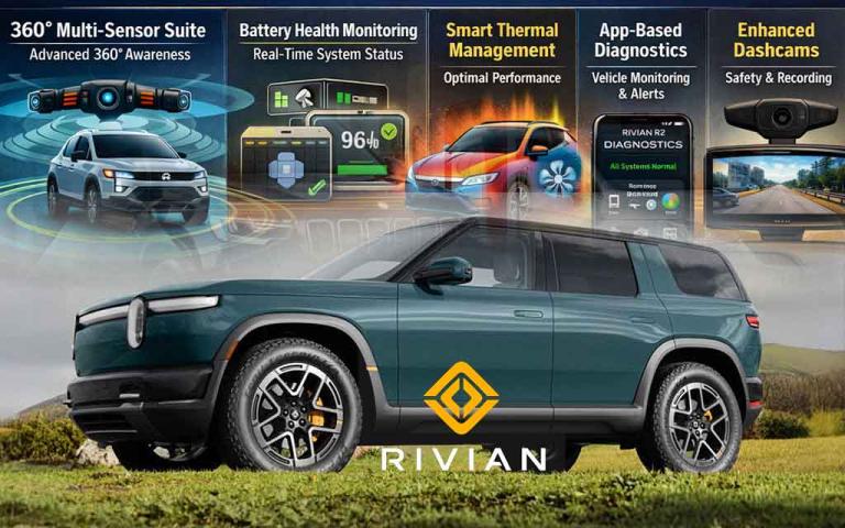 Rivian R2 autonomous robotaxi operating on Uber platform with advanced sensors and EV technology