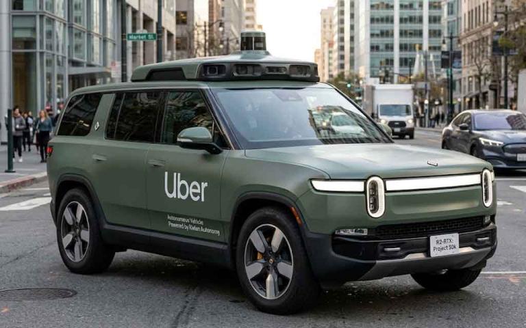 Rivian R2 autonomous robotaxi operating on Uber platform showcasing future electric ride-hailing technology