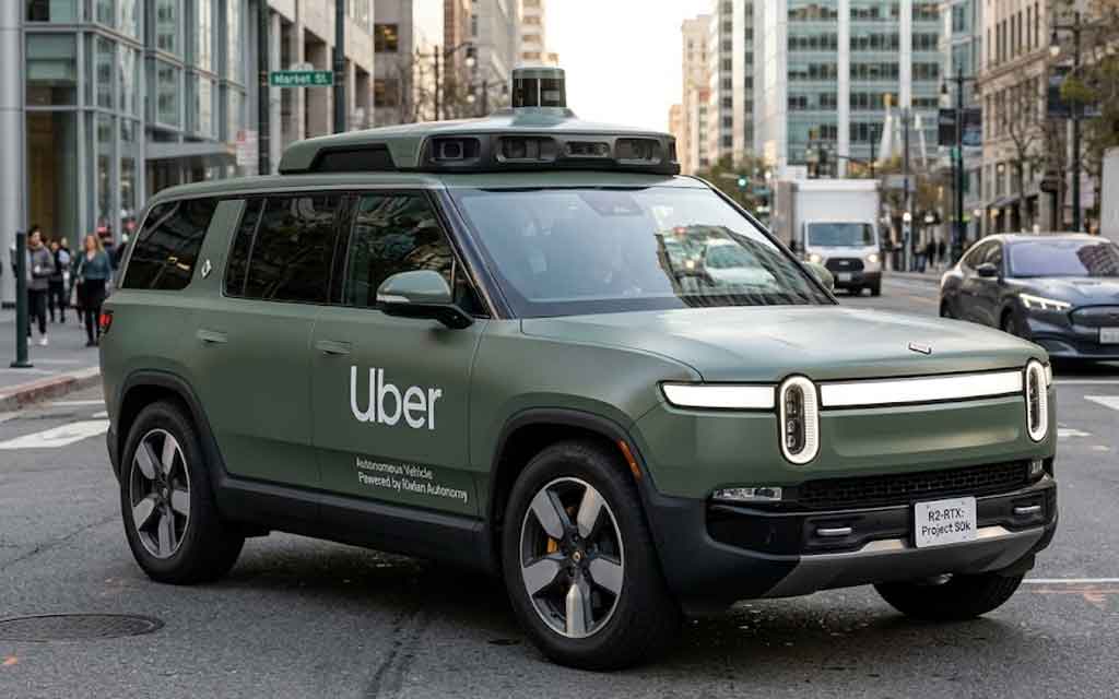 Rivian R2 autonomous robotaxi operating on Uber platform showcasing future electric ride-hailing technology