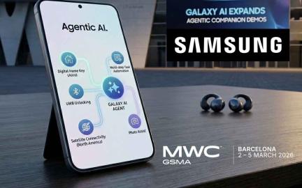 Samsung Galaxy S26 showcasing Galaxy AI features at MWC 2026 including Digital Home Key and satellite connectivity expansion in the US