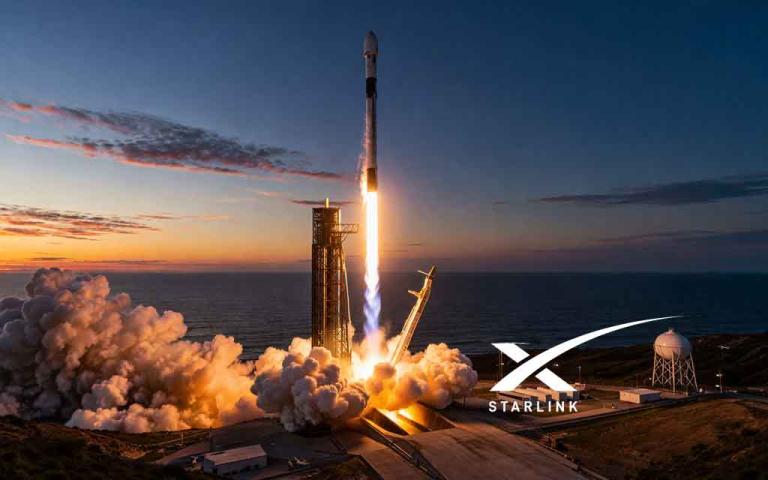 SpaceX Falcon 9 rocket launching Starlink satellites from California with booster landing on droneship in the ocean