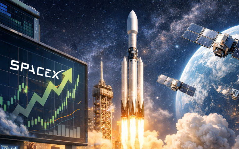 SpaceX IPO 2026 illustration showing Starlink satellites, Starship rocket, and investor growth concept