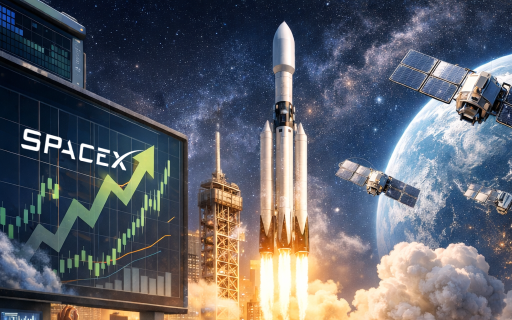 SpaceX IPO 2026 illustration showing Starlink satellites, Starship rocket, and investor growth concept