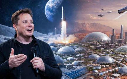 SpaceX futuristic lunar and Mars city concept with Starship rockets building self sustaining human settlements