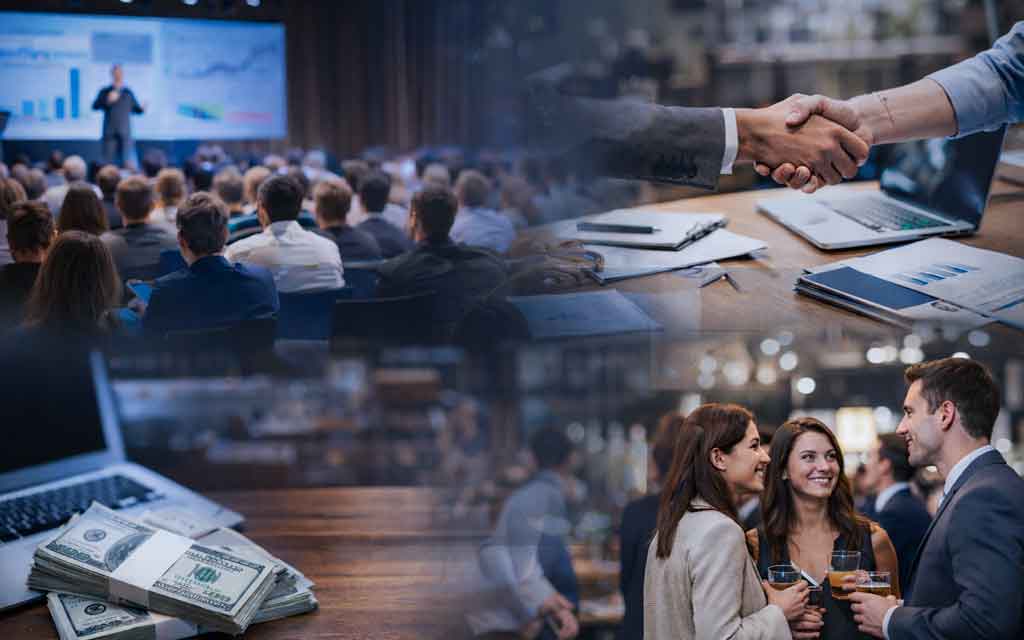 Startup founders pitching to investors at a global tech conference with AI funding growth charts in background