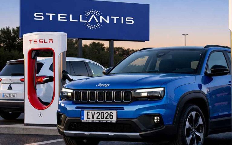 Stellantis electric vehicle charging at Tesla Supercharger using NACS to CCS1 adapter in 2026