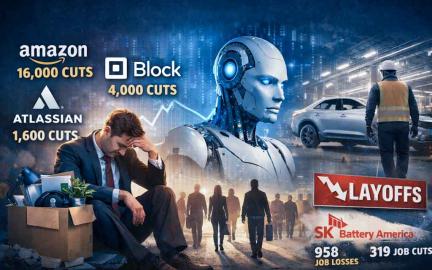 Technology sector layoffs in 2026 highlighting AI-driven workforce reductions at major companies like Amazon, Block, and Atlassian.
