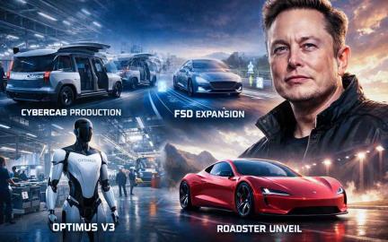 Tesla 2026 roadmap showing Cybercab robotaxi, Optimus robot, FSD expansion and Roadster launch during its most important quarter