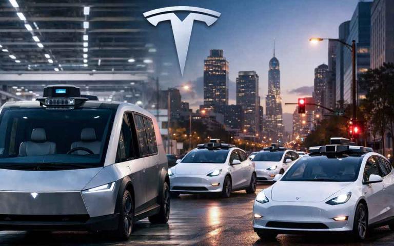 Tesla Cybercab robotaxi prototype at Giga Texas as autonomous Model Y robotaxis operate in Austin during March 2026 tests