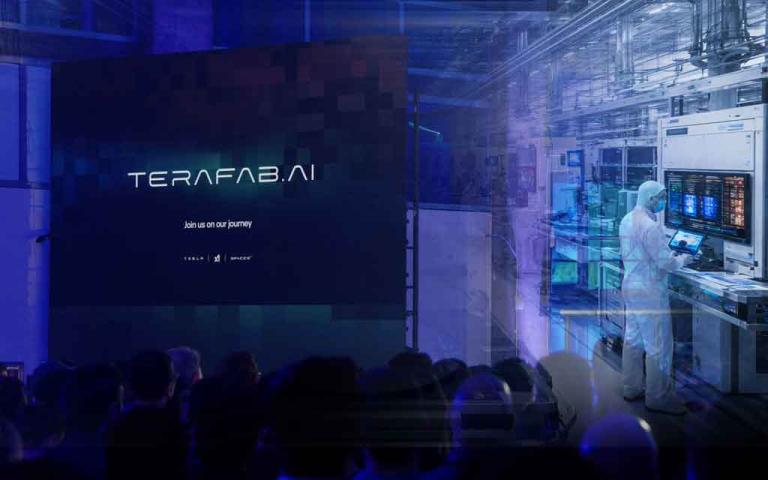 Tesla Terafab AI chip fabrication facility concept producing advanced 2nm chips for FSD, Optimus robots and robotaxi ecosystem