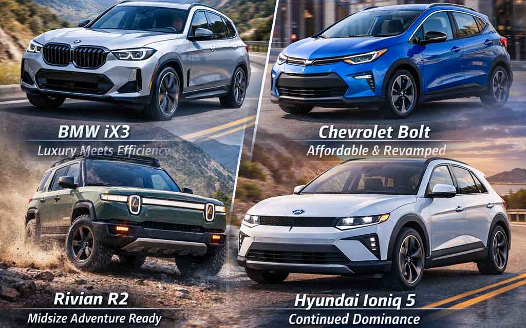 Top electric vehicles launching in 2026 including BMW iX3, Rivian R2 SUV, Chevrolet Bolt EV and Hyundai Ioniq 5 electric crossover