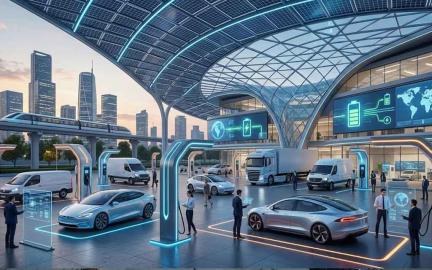 Electric vehicle conference exhibition hall showcasing EV charging stations, battery technology displays, and commercial electric trucks