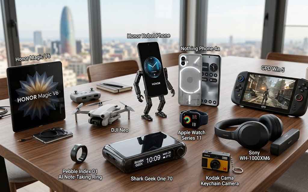 Collection of trending gadgets in March 2026 including smartphones, drones, wearables, and smart tech devices