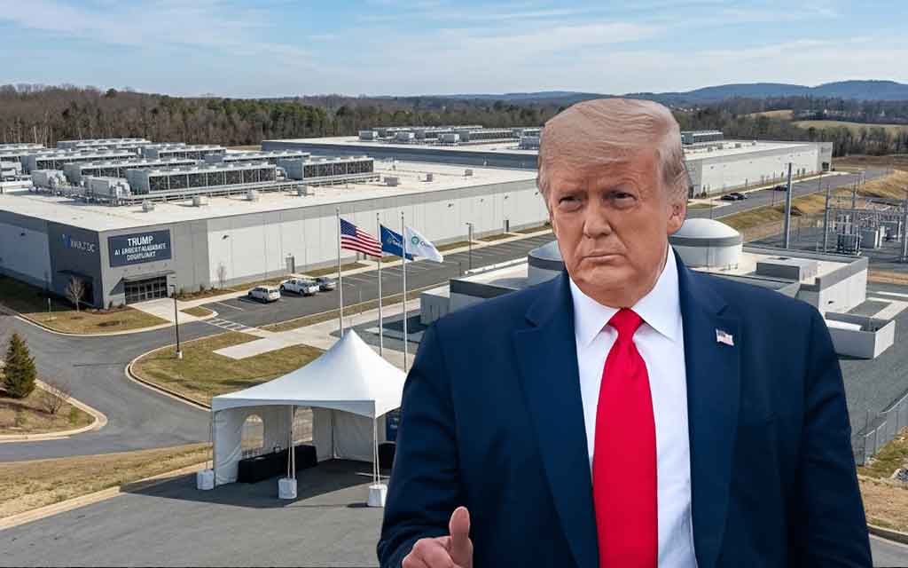 Concept illustration of large AI data centers connected to power plants symbolizing Trump’s 2026 AI energy mandate requiring Big Tech to fund electricity generation