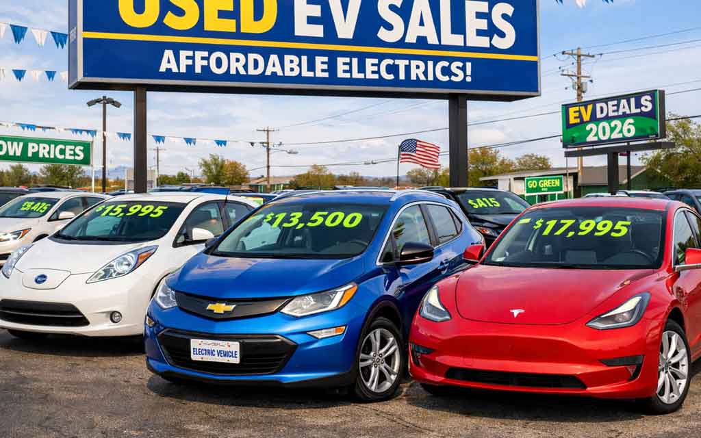 Used electric vehicles at a dealership lot in the USA highlighting the surge in affordable EV sales in 2026.