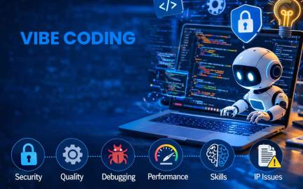 Vibe coding AI-assisted software development showing developers using AI tools while facing security, debugging, and code quality challenges.