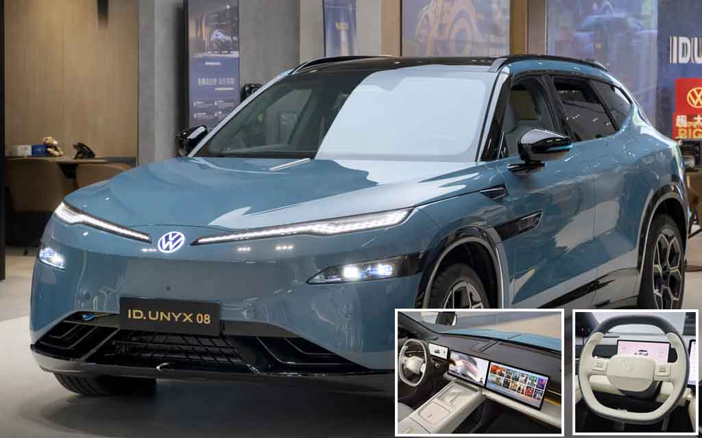Volkswagen ID.Unyx 08 electric SUV blue model showcased in China with XPeng platform and modern EV design
