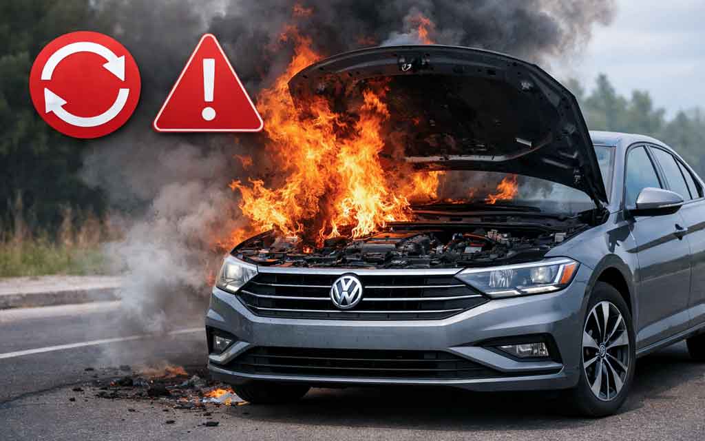 Volkswagen Jetta 2025 2026 recall showing engine wiring defect and fire risk inspection