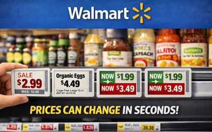 Walmart digital shelf labels showing electronic price tags updating in real time inside a retail store