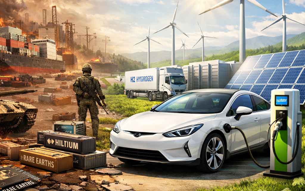 Concept illustration of electric vehicle supply chain disruption showing battery minerals, cargo ships rerouting, and global geopolitical tensions impacting green technology in 2026