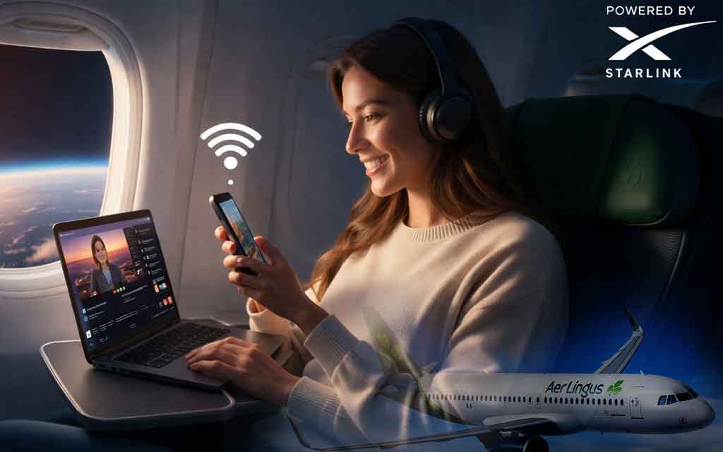 Aer Lingus aircraft equipped with Starlink satellite internet providing high-speed Wi-Fi during flight