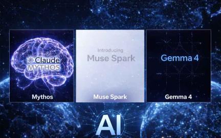 AI arms race 2026 showing competing models Mythos Muse Spark and Gemma 4 with data centers and autonomous systems