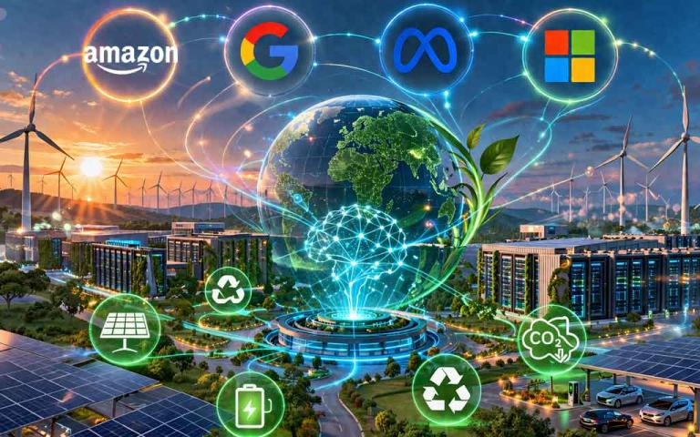 AI data centers powered by renewable energy including solar wind and green infrastructure driven by hyperscalers in 2026