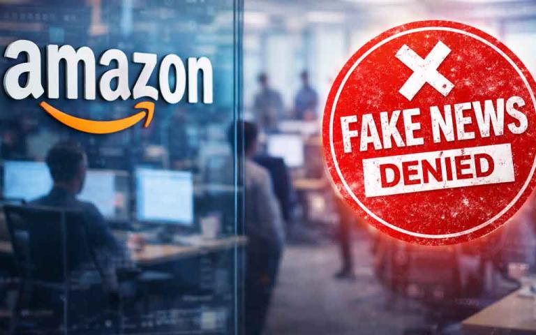 Amazon office background with blurred employees and denial of job cuts rumors highlighting tech layoffs and AI impact in 2026