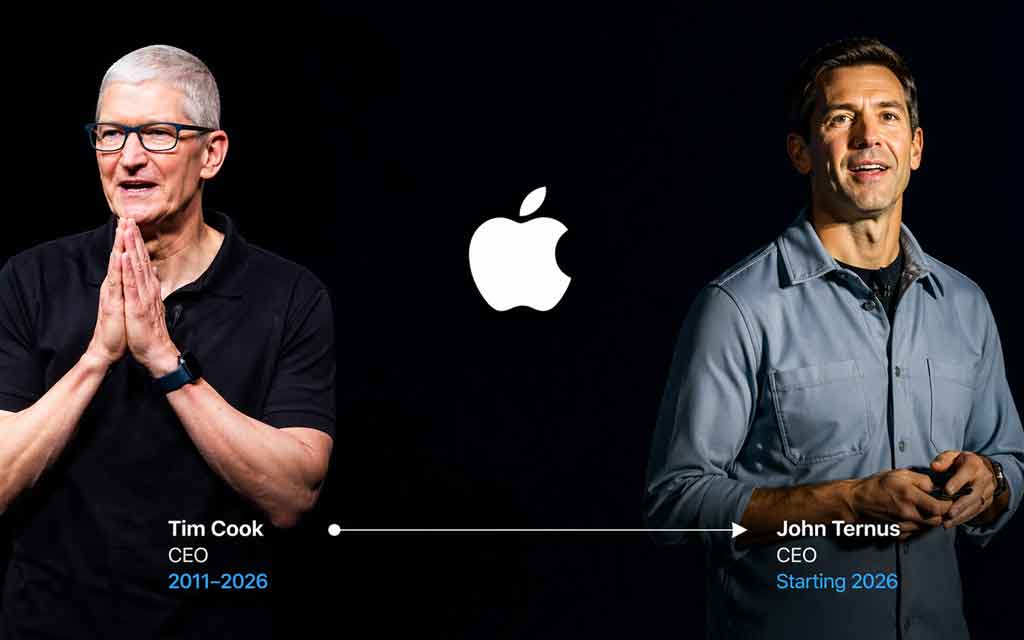 Tim Cook and John Ternus representing Apple leadership transition in 2026 with focus on AI and hardware innovation future