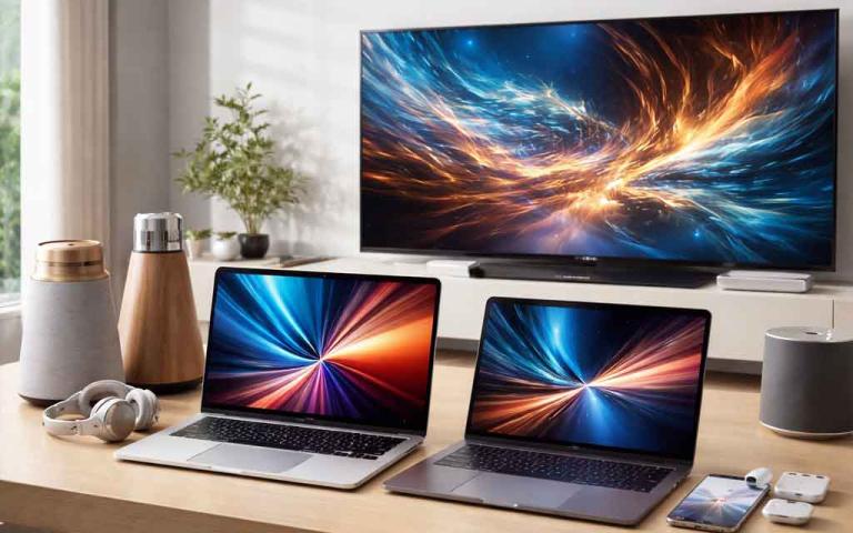 Apple M5 MacBook Air and Pro Samsung 2026 TVs and Bang and Olufsen speakers showcasing latest premium gadgets April 2026