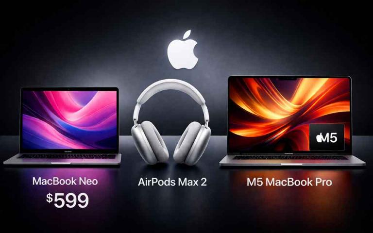 Apple MacBook Neo budget laptop AirPods Max 2 headphones and M5 MacBook Pro showcasing latest Apple gadget releases in April 2026