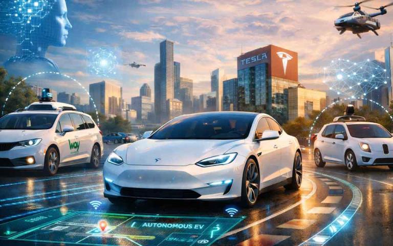 Autonomous electric vehicles using AI self driving technology navigating city streets with smart sensors and real time decision making in 2026