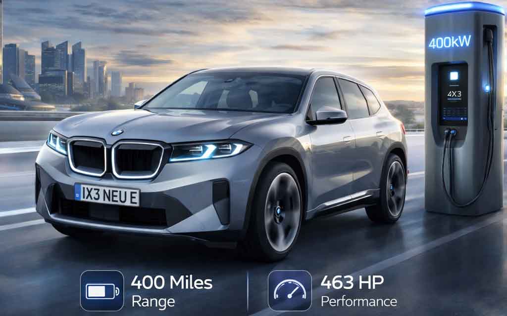 BMW iX3 Neue Klasse 2026 electric SUV showcasing 400 mile range and ultra fast charging technology in premium EV segment