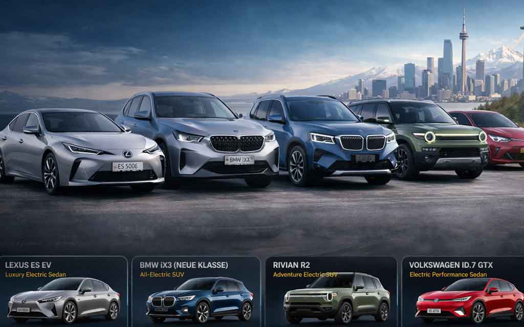 New electric vehicles launching in April 2026 including Lexus ES EV, BMW iX3, and Rivian R2 with advanced EV technology
